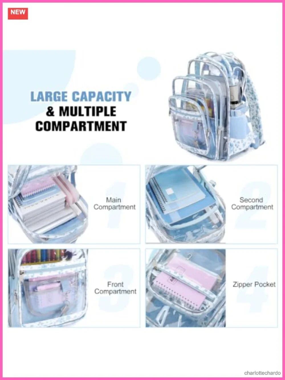 3-Piece Clear Backpack Set with Lunch Box & Pencil Case, Heavy Duty PVC, Large